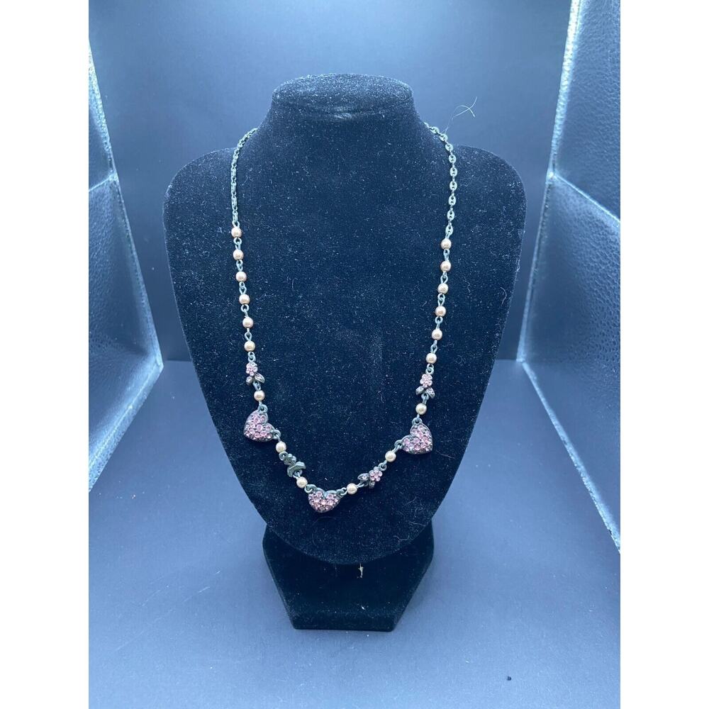 Sweet Romance Pink Rhinestone Heart Pendant W/ Faux Pearl Brass Necklace